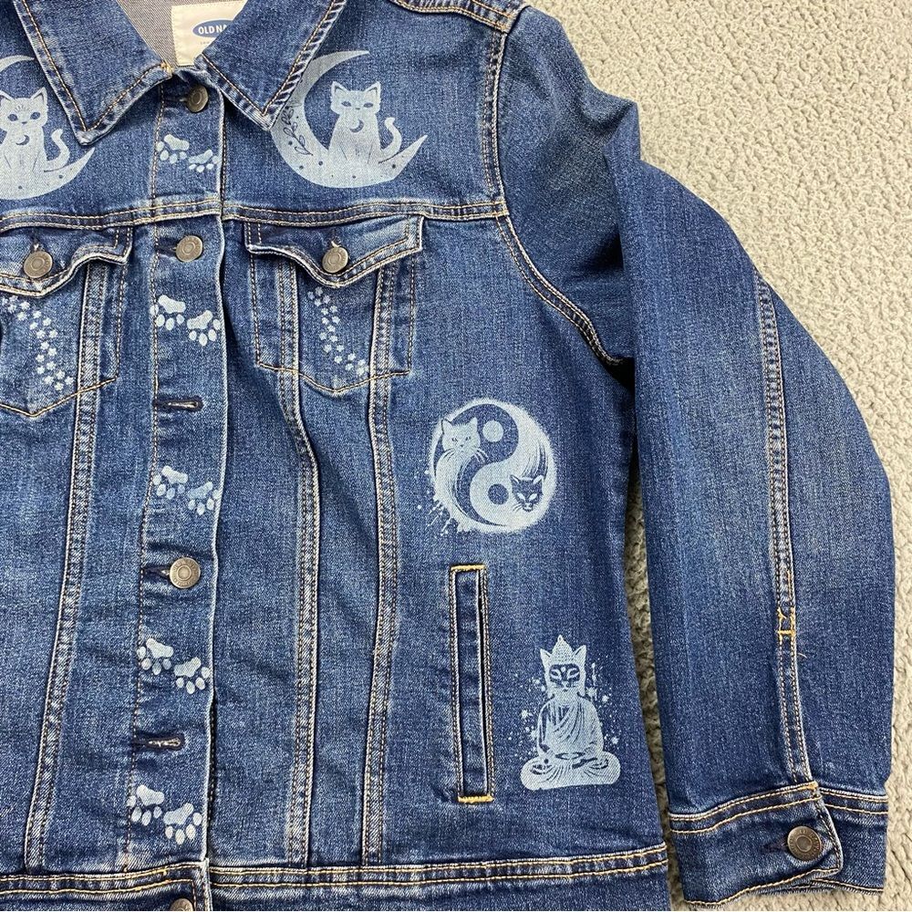 Old Navy Custom Upcycled Denim Jacket Yin-Yang Cats Boho Women's | Size: L - Picture 4 of 13